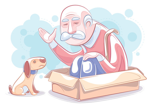 悲伤的老人坐在纸箱里挥手图片下载