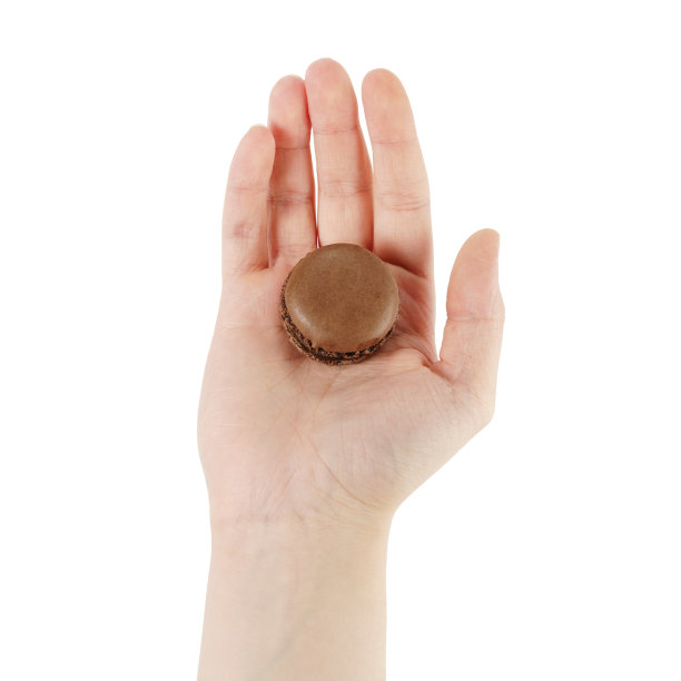 年轻女子手里捧着巧克力马卡龙孤立在白色上图片下载