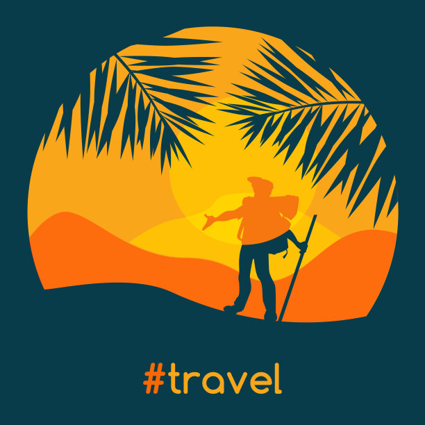 旅游的概念和探索野外的一种平坦的风格。夕阳下的山峦背景下的游客。图片下载