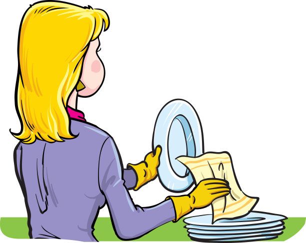 家庭主妇用毛巾擦盘子图片下载