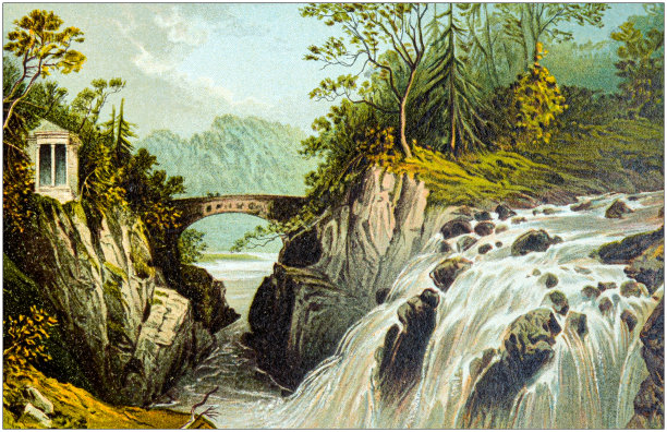 苏格兰城市、湖泊和山脉的古董绘画:敦克尔德附近布鲁尔的艾尔米塔什和瀑布图片下载