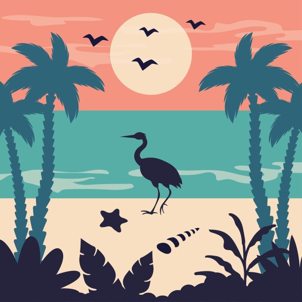 热带景观古董。夏天海滩背景。美丽的海景，异国情调的棕榈树，火烈鸟，海星，贝壳的剪影。矢量平面插图旅行，卡片，假期，海报图片下载