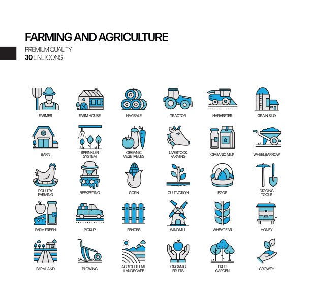 简单的农业和农业相关的矢量线图标。大纲符号集合图片下载