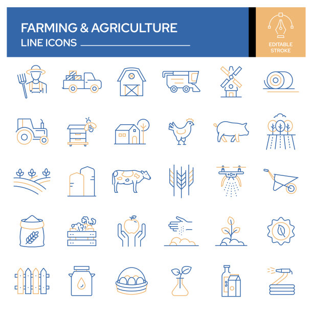 一套农业和农业相关的线图标。轮廓符号集合，可编辑的描边图片下载