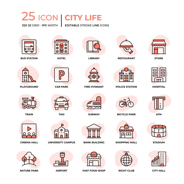 城市生活扁平风格线图标图片下载