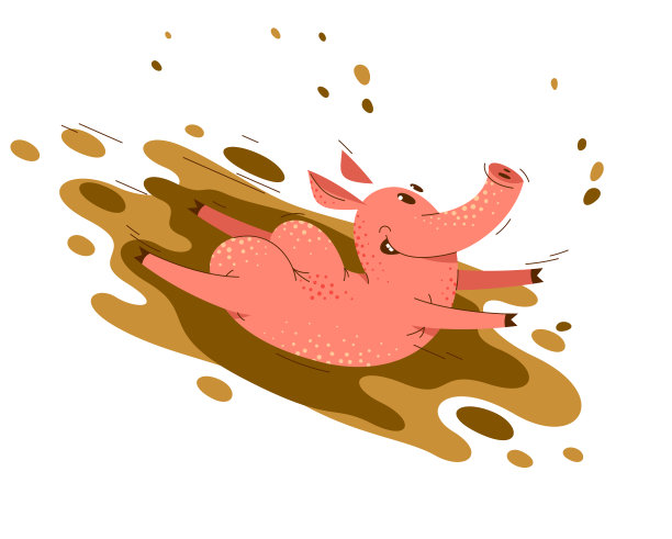 有趣的卡通猪幻灯片上的土矢量插图，活动愉快地享受动物猪的性格绘制。图片下载