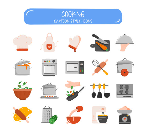 烹饪相关的对象和元素。手绘卡通风格矢量插图集合。手绘图标设置。图片下载