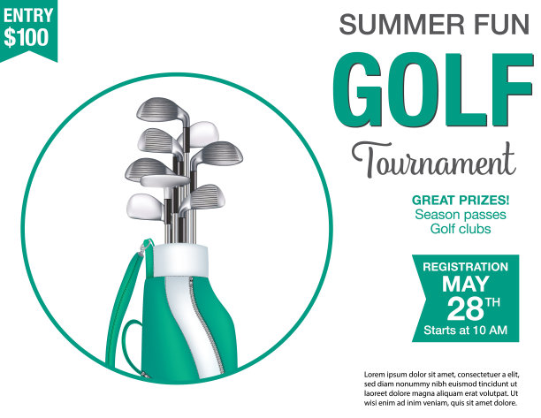 夏季有趣的高尔夫球比赛模板与高尔夫球袋和俱乐部图片下载