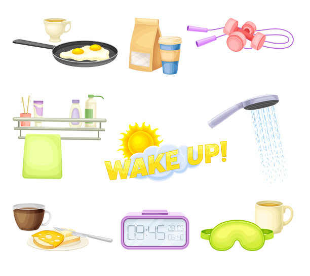 早上的时间符号设置早餐食物浴室图片下载