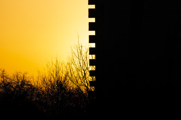 晨曦背景下的建筑物和森林的轮廓。大楼的一部分。金色的小时。特写镜头图片下载