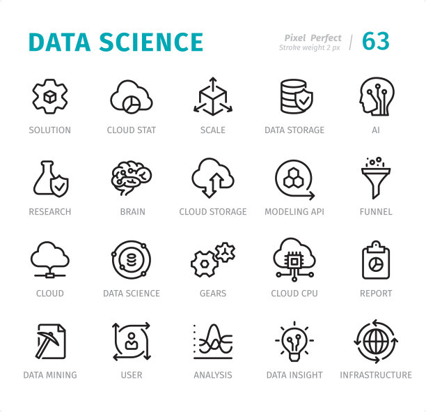 数据科学-带标题的完美像素线图标图片下载