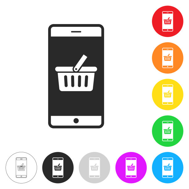 带购物篮的智能手机。彩色按钮上的图标图片下载