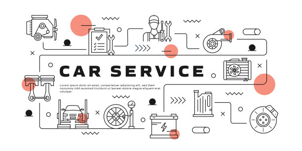 汽车服务矢量信息图。设计是可编辑的，颜色可以改变。矢量集创意图标:诊断，盘式制动器，电池，活塞，轮胎，气囊图片下载