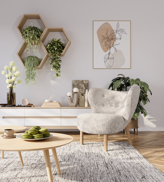 家庭内部与六边形货架在白色墙壁背景，3d渲染图片下载