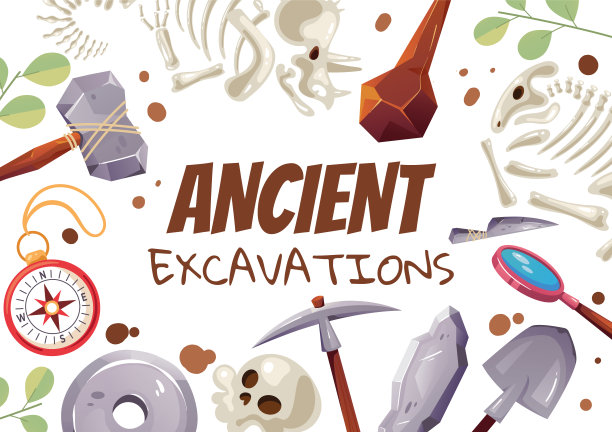 古代发掘石器时代文明恐龙旗帜的背景概念。矢量卡通图形设计插图图片下载