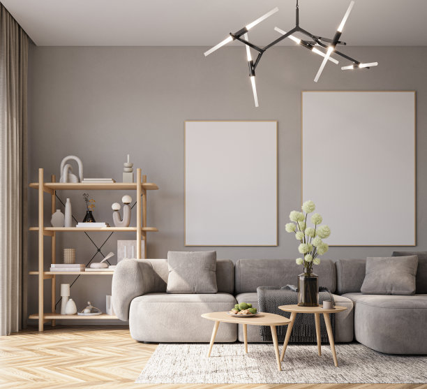 在舒适的客厅室内与灰色沙发，三维渲染的模型海报图片下载