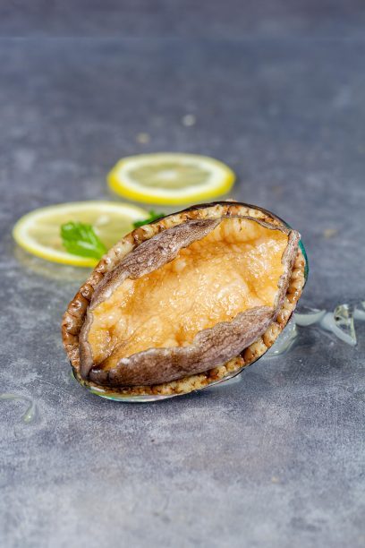 鲍鱼海鲜(Haliotis)与冰块和柠檬片在桌面上，厨房内部，近距离图片下载