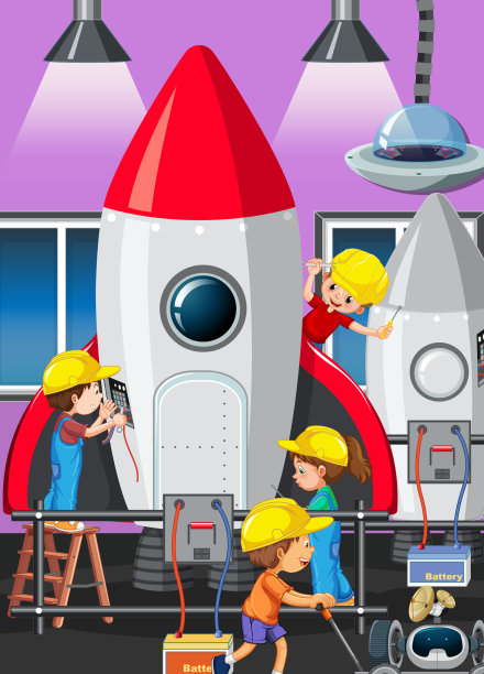 孩子们一起修理火箭的场景图片下载