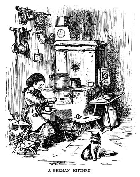 一个小女孩坐在19世纪的德国厨房里图片下载