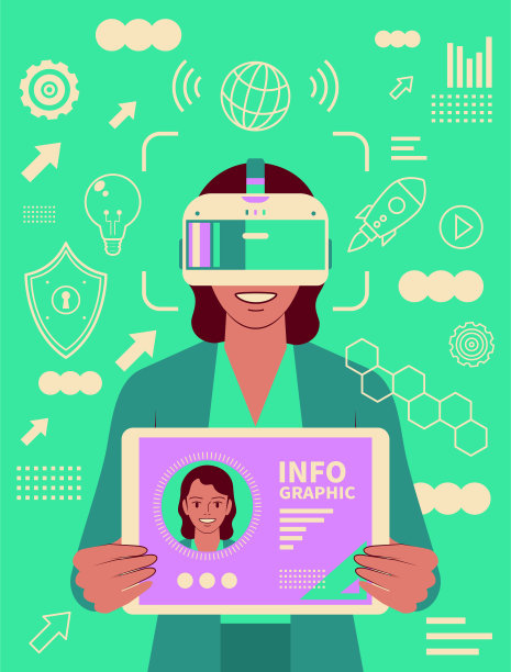 一位女商人戴着虚拟现实耳机，展示着一个数字平板屏幕图片下载