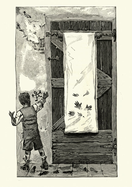 19世纪，淘气的男孩在干净毛巾上留下脏手印图片下载