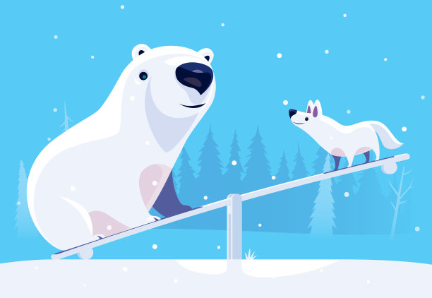 北极熊和北极狼在跷跷板上相遇图片下载