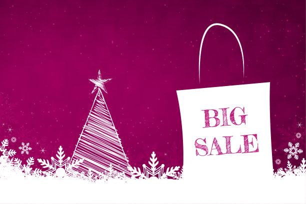 白色的雪花和底部的充满活力的品红紫红色或紫色水平的圣诞节日向量背景与一个购物袋与圣诞树和星星和短信大减价图片下载