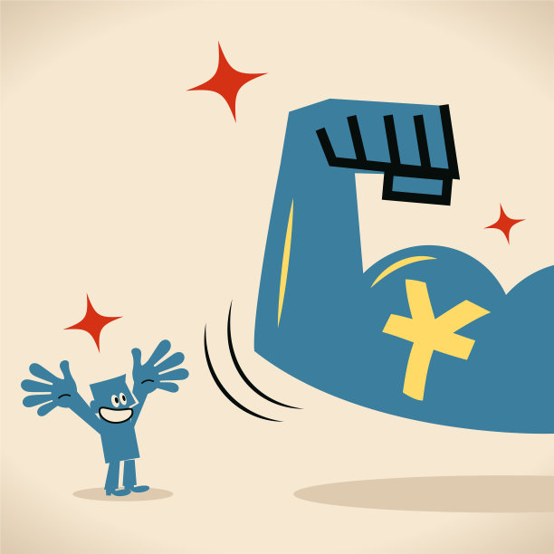 强壮的手臂与二头肌显示元(中国货币)的蓝人图片下载