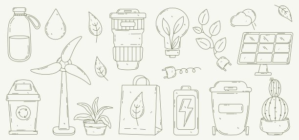 关于生态学主题的一组对象。生态生活方式，零浪费，循环利用，生态友好。减少，再利用，拒绝。绿色可持续的生活习惯理念。可爱的涂鸦线条艺术风格。现代手绘矢量。图片下载