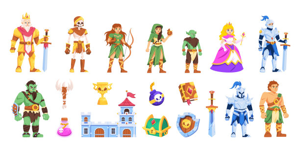 矢量可爱的中世纪幻想卡通集插图孤立图片下载