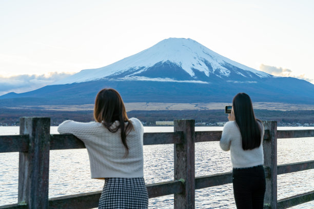 亚洲女性朋友在川口湖畔用手机自拍图片下载