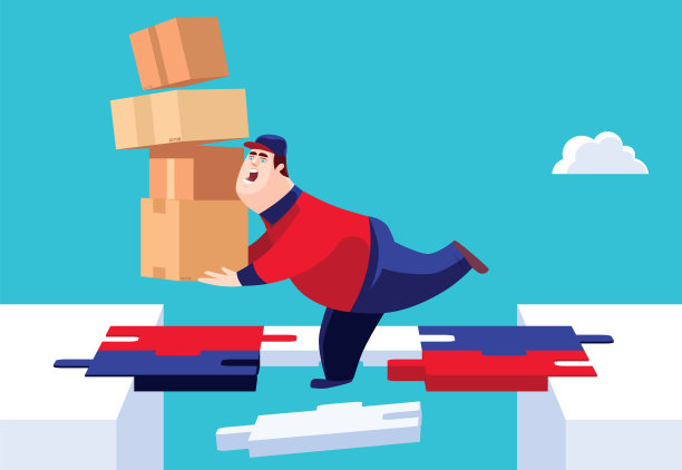 快递持有纸箱和踩破拼图桥图片下载