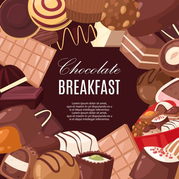 巧克力早餐横幅矢量插图。心形盒装黑巧克力、牛奶巧克力和白巧克力糖果，各种口味的果仁糖。特殊节日的饼干或饼干。图片下载
