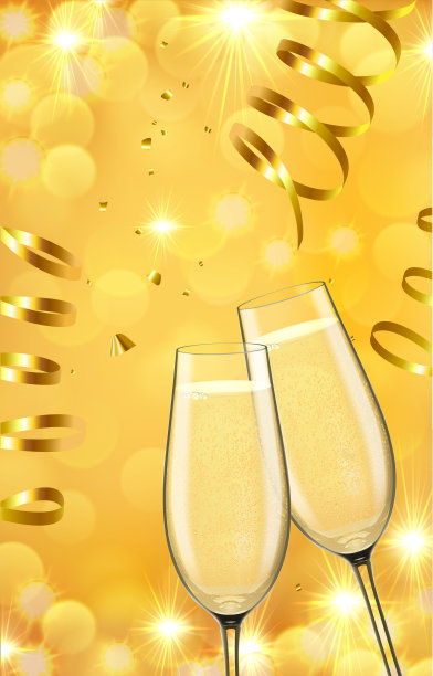 新年金色背景与五彩纸屑和香槟图片下载
