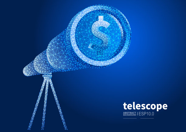 业务财务预测和观测，望远镜观测美元符号，矢量抽象低多边形点线连接望远镜背景图片下载