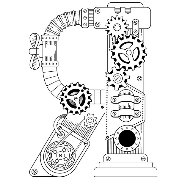 矢量成人着色书。蒸汽朋克西里尔字母。机械字母表制成的金属齿轮和白色背景上的各种细节图片下载