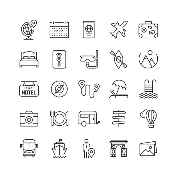 旅游，旅游和假日相关的矢量线图标图片下载