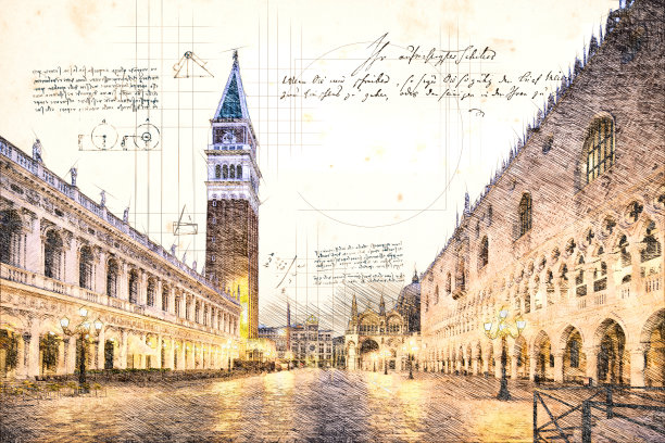 威尼斯圣马可广场，大教堂和圣马可钟楼，老式铅笔画图片下载