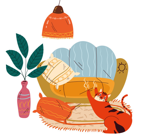 可爱的家猫在客厅的概念。矢量平面卡通图形设计插图图片下载