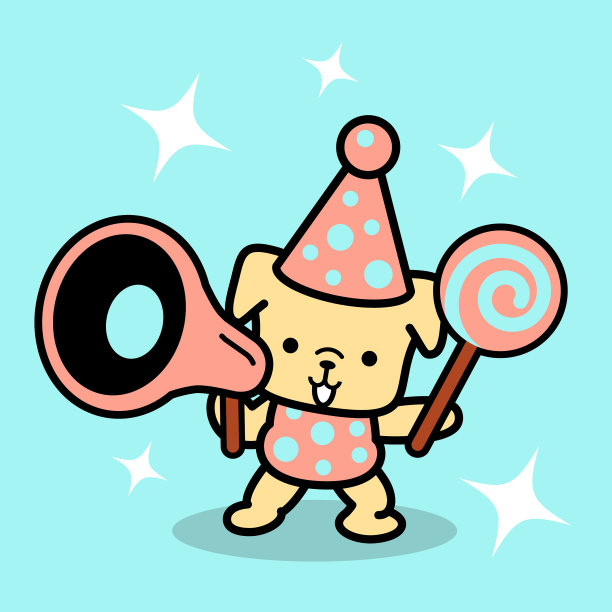 一只戴着派对帽、拿着棒棒糖的可爱狗狗正在通过扩音器传递信息图片下载