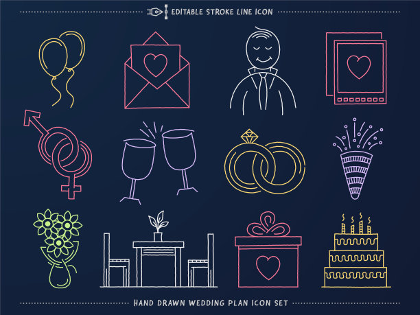 婚礼计划手绘矢量图标集图片下载