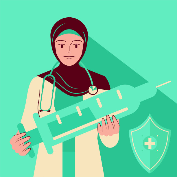 一位年轻的穆斯林女医生（护士）戴着听诊器，拿着疫苗注射器对抗新型冠状病毒图片下载