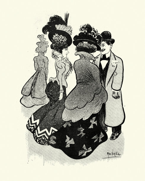 经典的法国漫画，男人和两个穿着得体的女人交谈，19世纪90年代图片下载