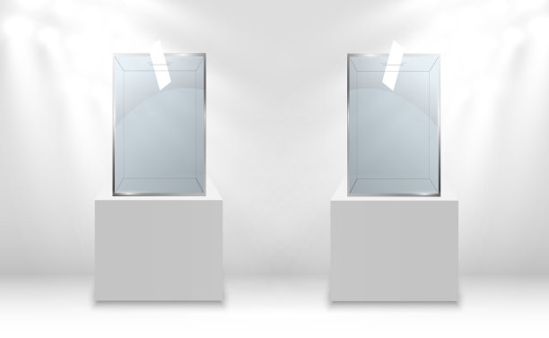 玻璃展柜以立方体的形式展出。背景出售用聚光灯照亮。博物馆玻璃箱隔离广告或商业设计精品。展览大厅。图片下载