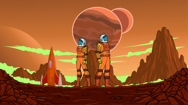 矢量复古科幻时代的宇航员团队降落在一个新的红色星球股票插图图片下载