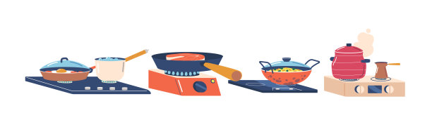 一套餐具，置热煤气炉或电炉。煎锅加肉，咖啡，汤勺加开水图片下载