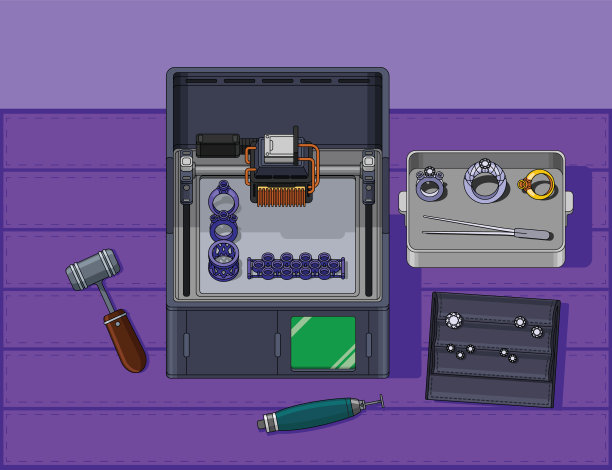 蜡3d打印机快速生产详细的戒指的珠宝和高级时装。前沿打印机。失蜡法生产翼银和金戒指的结果。零废物处理和可再生材料。图片下载