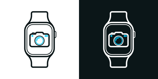 带摄像头的智能手表。黑色或白色背景上的双色线条图标-可编辑笔触图片下载