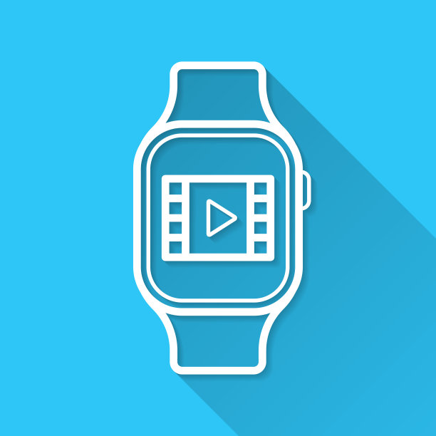 在智能手表上观看视频。图标在蓝色背景-平面设计与长阴影图片下载