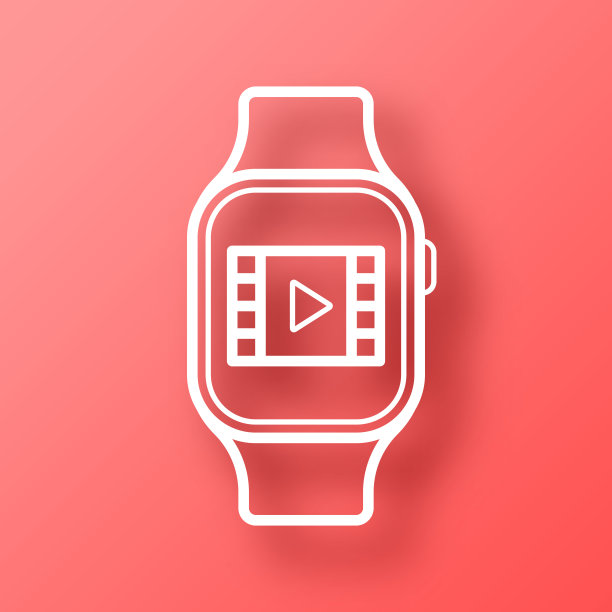 在智能手表上观看视频。图标在红色背景与阴影图片下载